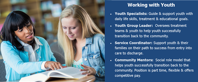 Working with Youth. Youth Specialists: Guide & Support youth with daily life skills, treatment and education goals. Youth Group Leader: Oversees treatment terms & youth to help youth successfully transition back to the community. Service Coordinator: Support youth and their families on their path to success from entry into care to discharge. Community Mentors: Social Role model that helps  youth successfully transition back to the community. Position is part time, flexible and offers competitive pay